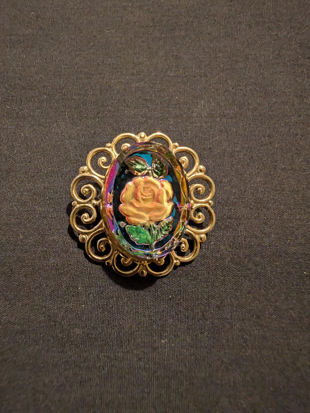 Vintage Gold Filigree Rose Brooch - Yellow Rose Accent